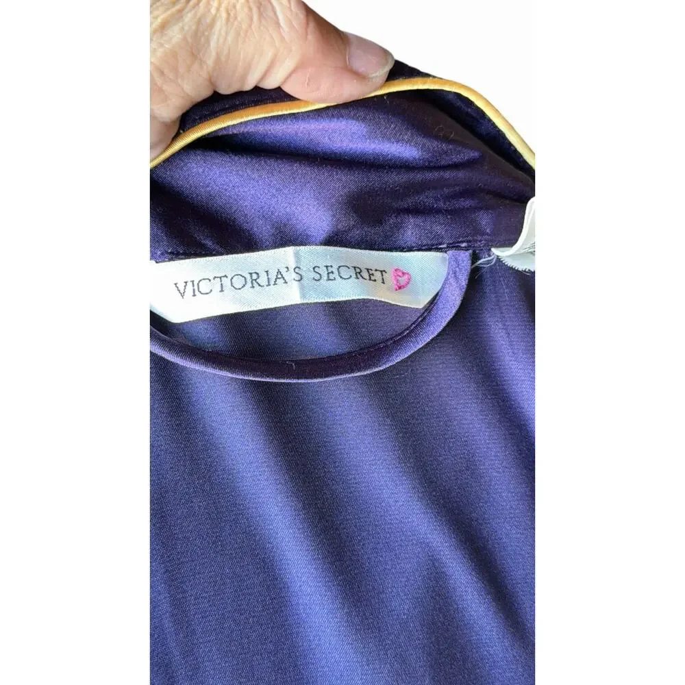 Victoria's Secret Satin Kimono Robe XL Dark Purple Gold Trim Long Belted Pockets